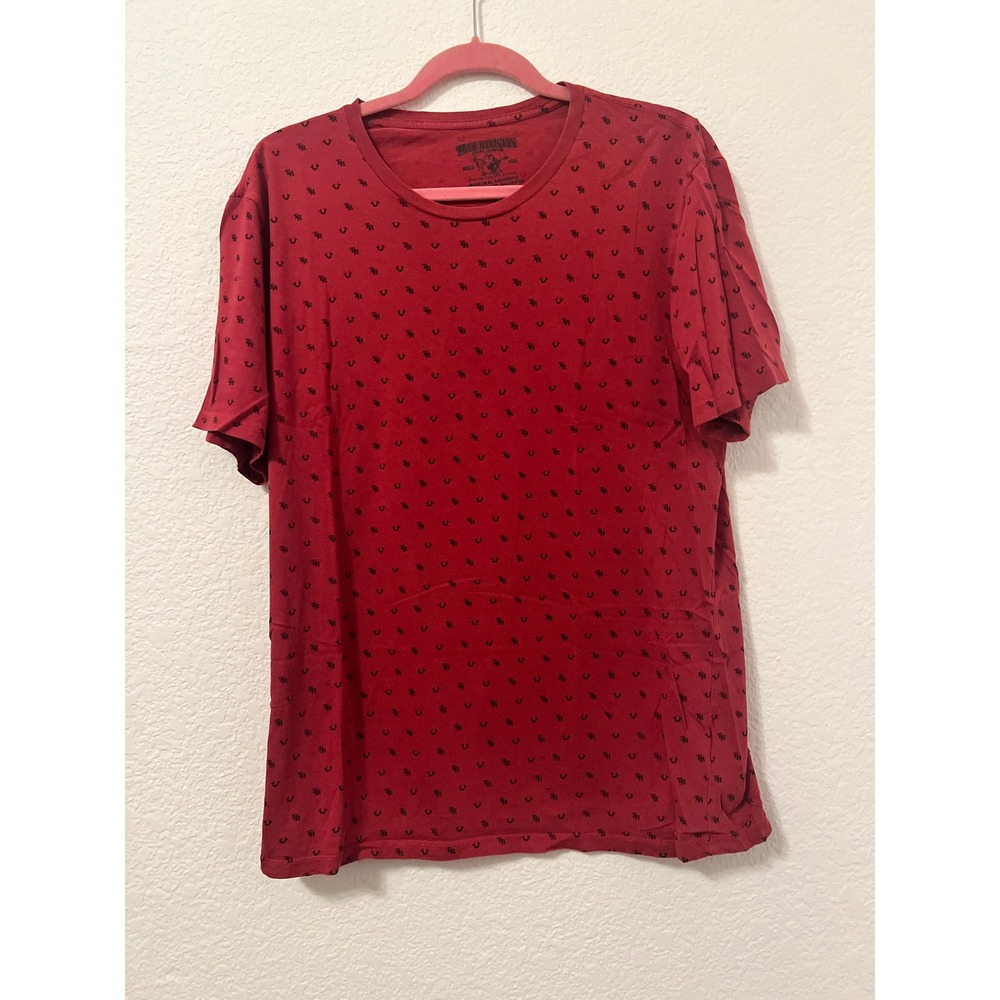 True Religion Mens Red All Over Print Horseshoe Logo T-Shirt Size Large L/G